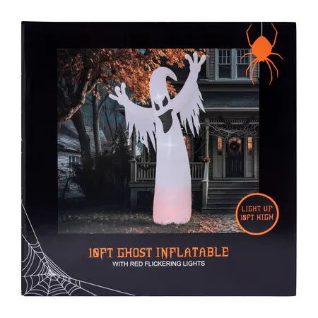 10ft white ghost inflatable with red flickering lights displayed outside a home as a spooky Halloween yard decoration sold by LFG Energy Club