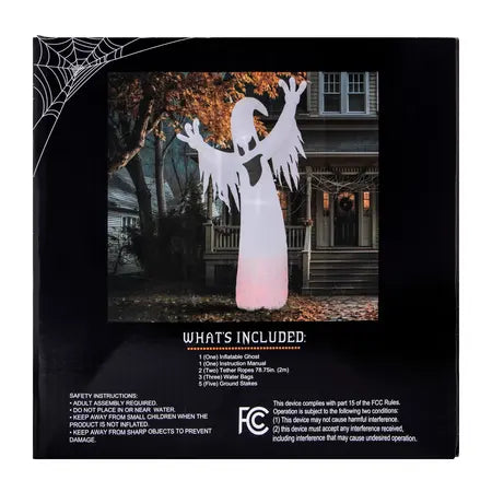 Product packaging and details for a 10ft ghost inflatable featuring red flickering lights for Halloween yard decorating sold by LFG Energy Club