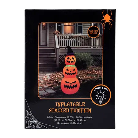 48-inch light up Halloween inflatable featuring three orange jack-o’-lantern pumpkins stacked vertically with a black witch hat, available at LFG Energy Club.