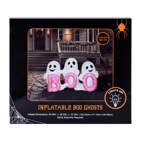 60-inch Halloween inflatable featuring three white ghosts holding pink BOO letters with a light-up design, available at LFG Energy Club.