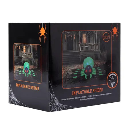 Product packaging for the 86-inch light up Inflatable Spider Halloween decoration, available at LFG Energy Club