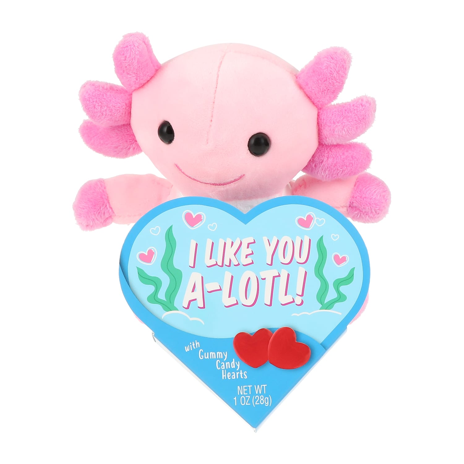 Pink axolotl plush holding heart shaped candy package that says I Like You A Lotl with gummy candy hearts