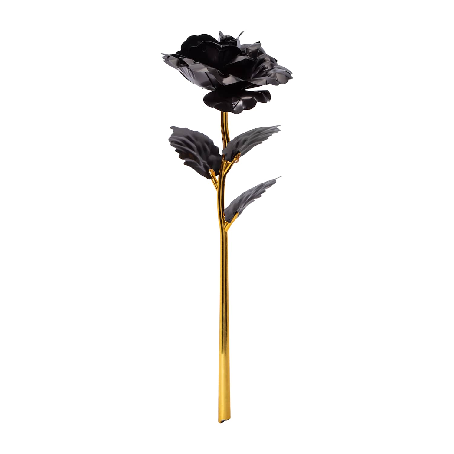 Elegant black faux rose with metallic gold stem, an eternal rose gift perfect for Valentine’s Day, anniversaries, gothic romance, and luxury decor by LFG Energy Club