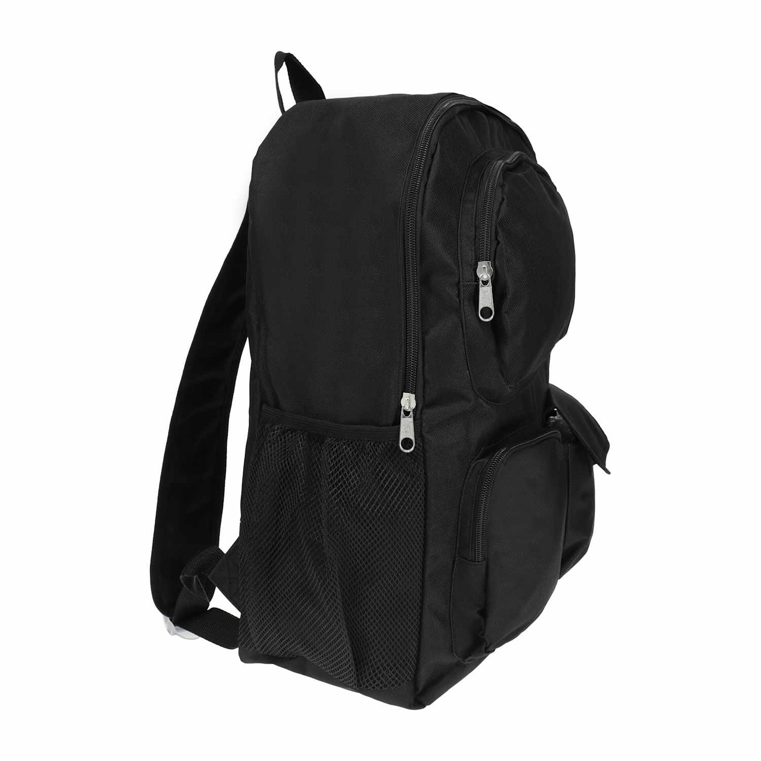 Angled view of the black multi-compartment backpack with front storage pockets for school, travel and everyday use from LFG Energy Club.