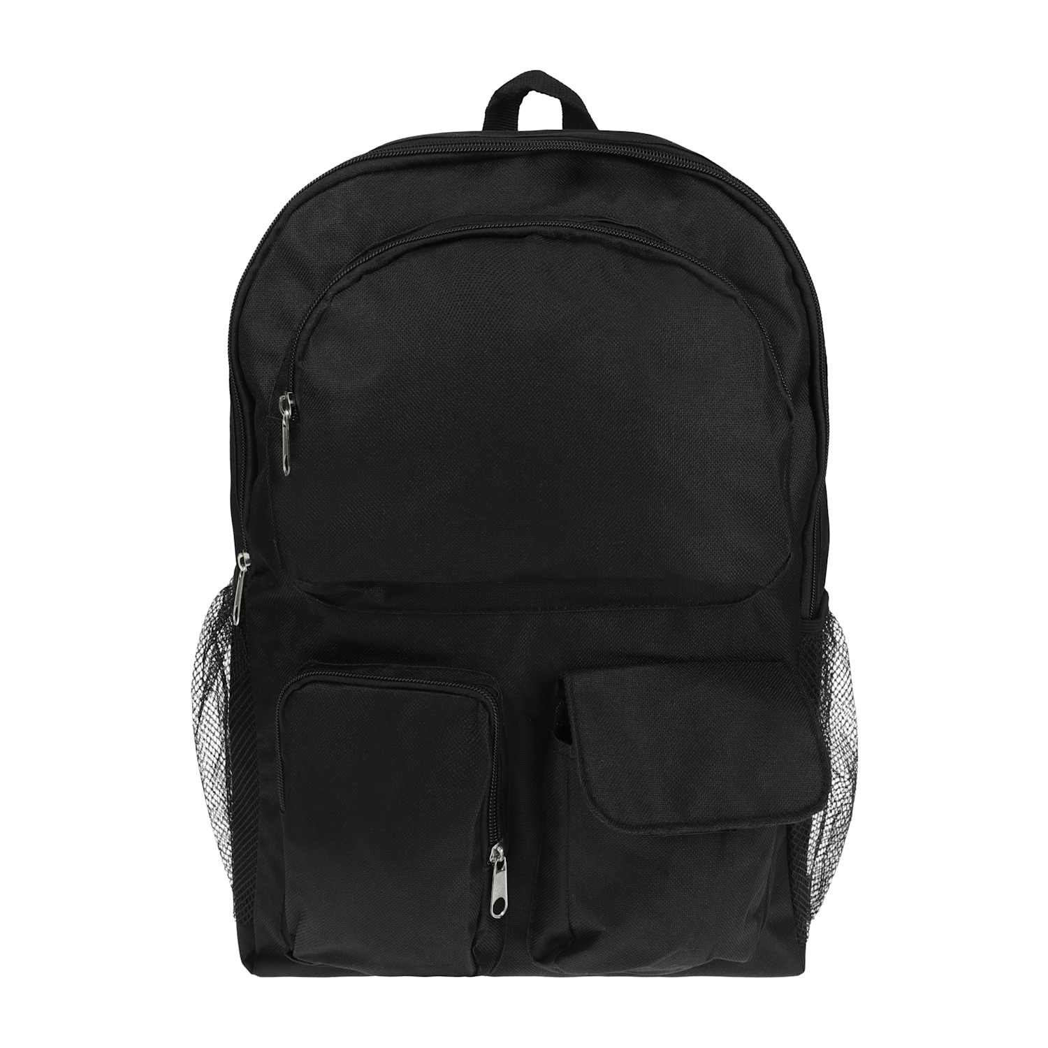 A black backpack with two front zippered pockets and side mesh pockets, shown against a plain white background from LFG Energy Club