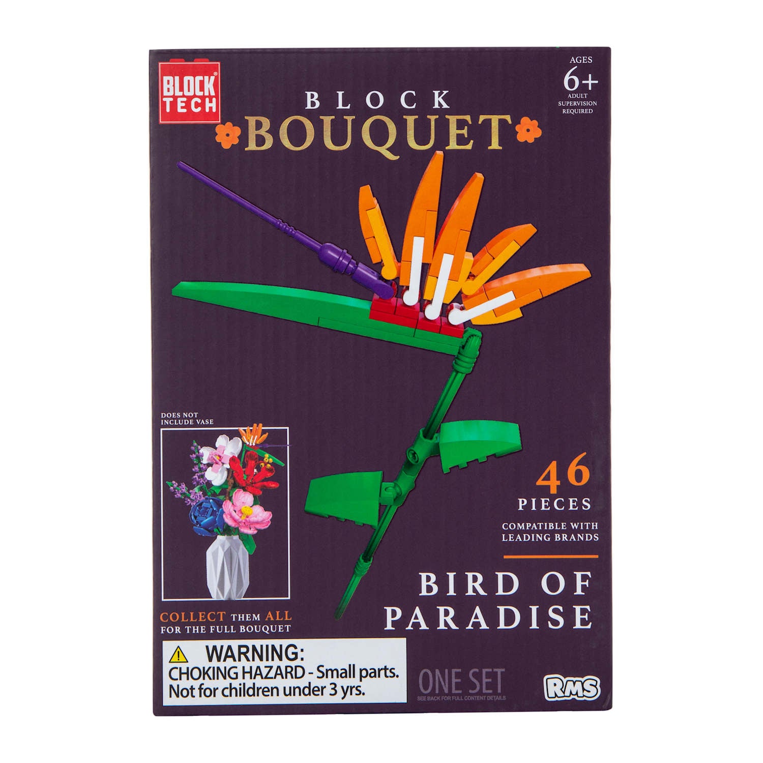 Build and display a Bird of Paradise block bouquet with this 46-piece building set. Compatible with leading brands and perfect for desk or room decor.