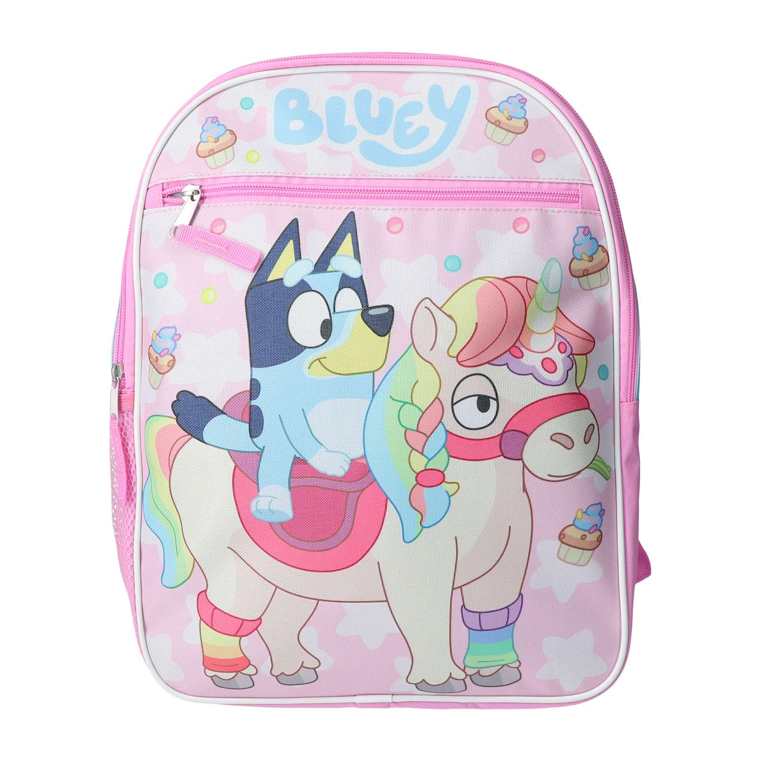 A pink Bluey-themed school backpack featuring the character Bluey riding a unicorn. The backpack has a pink border, a top zippered pocket, and colorful cartoon graphics on a white background from LFG Energy Club
