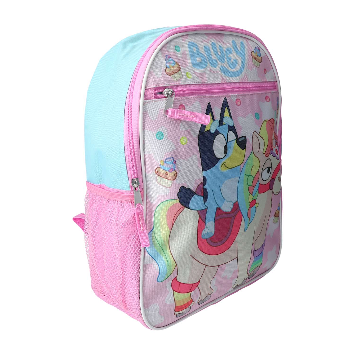 Angled view of the Bluey character school backpack with a front zipper pocket and side storage pocket from LFG Energy Club.