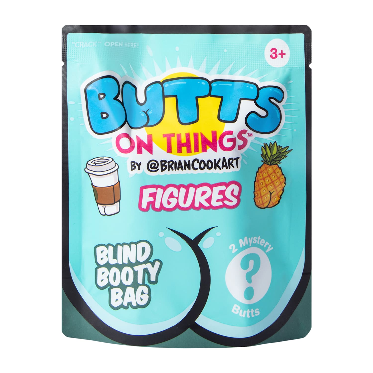Two surprise Butts On Things™ mini collectible figures from a blind booty bag, featuring humorous everyday objects with playful designs, styles may vary, curated by LFG Energy Club.
