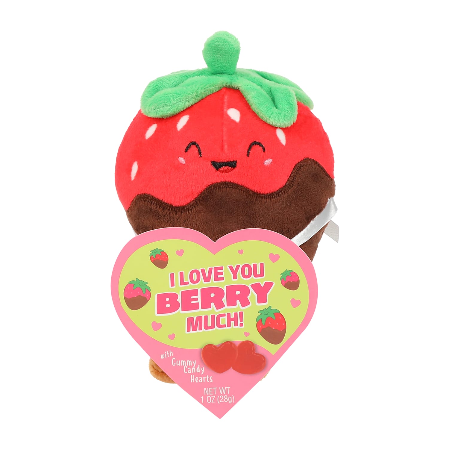 Cute chocolate-dipped strawberry plush holding an I Love You Berry Much Valentine message with gummy candy hearts, from LFG Energy Club