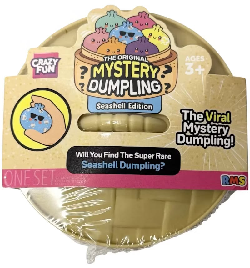 Crazy Fun Original Mystery Dumpling Seashell Edition blind box toy featuring a surprise squishy dumpling character in seashell-themed packaging, sold by LFG Energy Club.