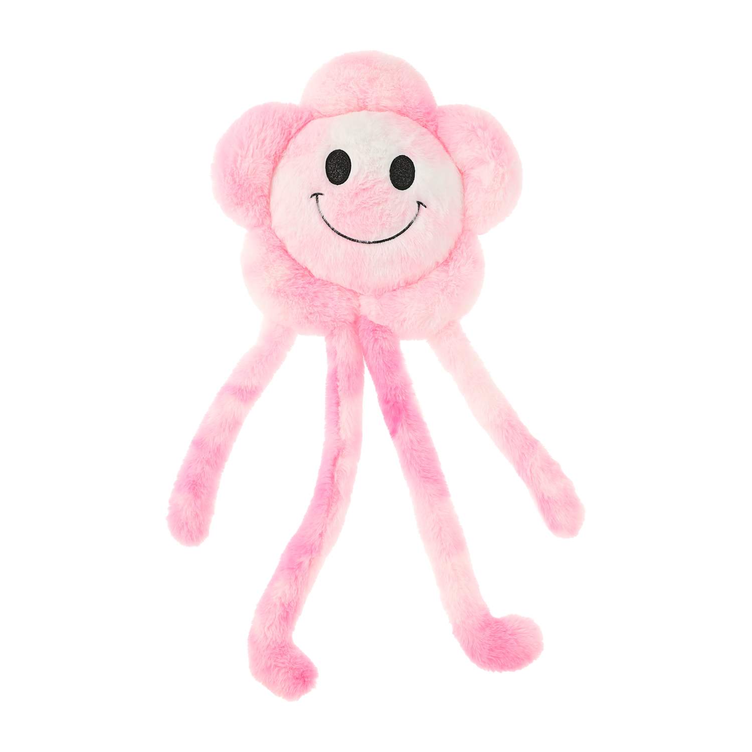 PInk flower-shaped plush toy with a smiling face and long dangling legs on a white background