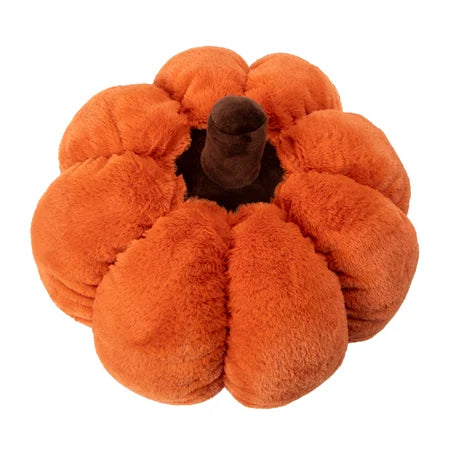 Top-angle view of the giant orange Halloween pumpkin pillow showing its segmented pumpkin shape and brown stem sold by LFG Energy Club.
