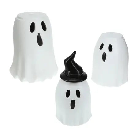 Three white glowing Halloween ghost decorations from the Stacking Ghosts 3-Pack shown separately, available at LFG Energy Club.