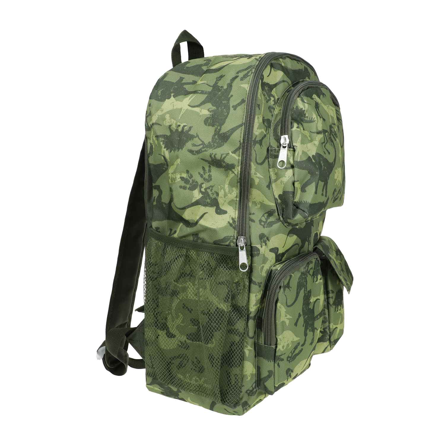 Angled view of the green camo multi-compartment backpack for school, travel and everyday activities from LFG Energy Club.