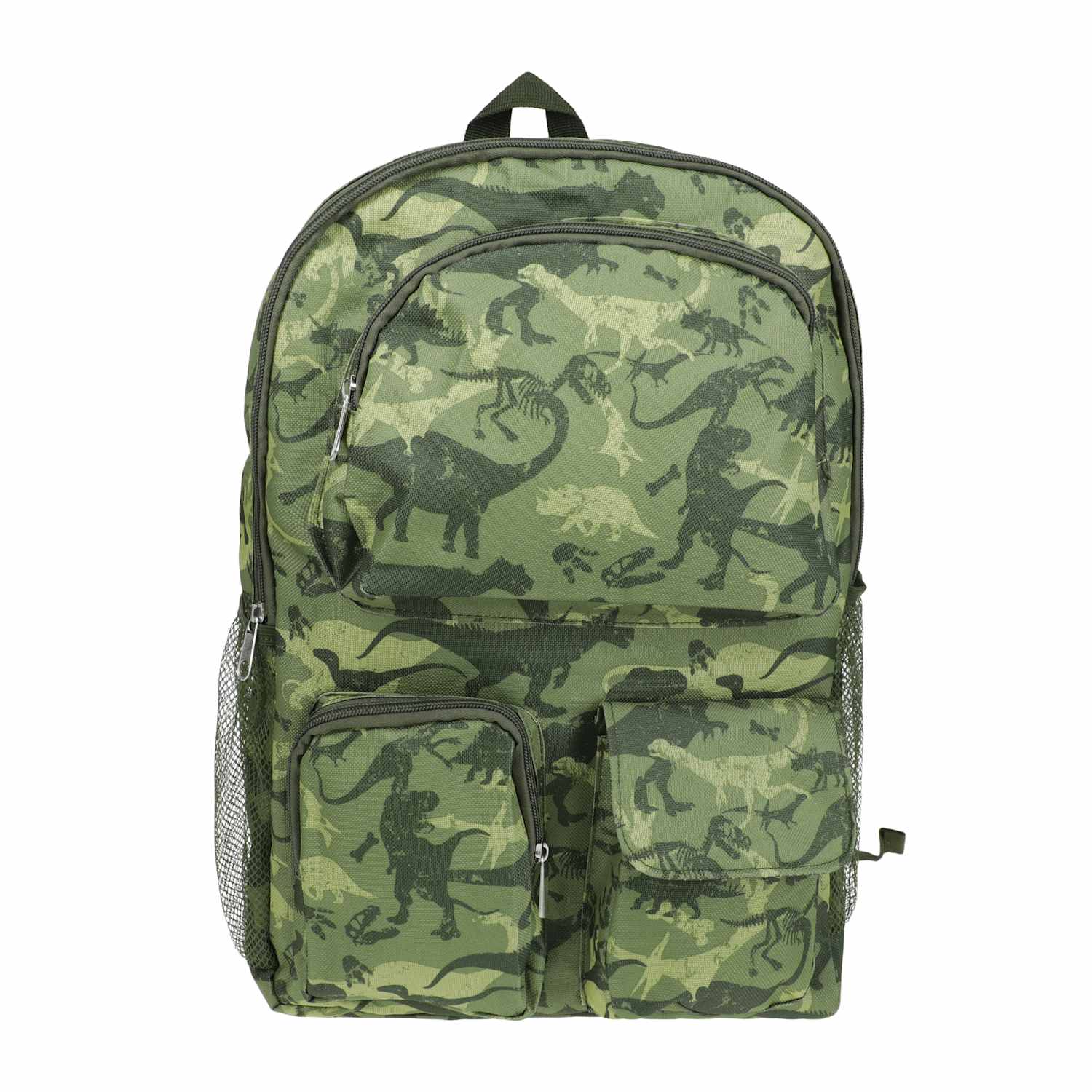 Front view of a green camouflage multi-pocket backpack with multiple zipper compartments from LFG Energy Club.