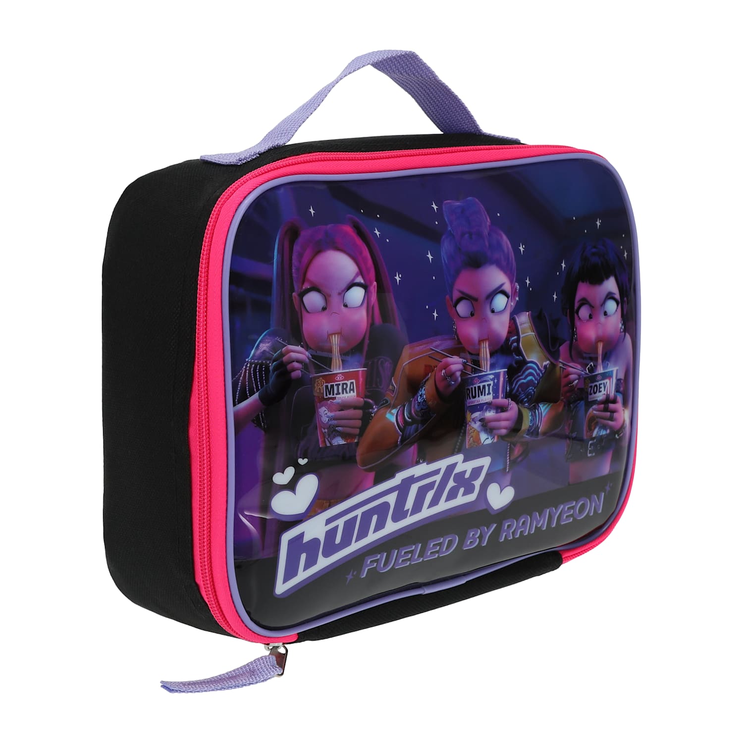 Angled view of the HUNTR/X K-Pop Demon Hunters school lunch bag featuring a top carry handle and zip-around closure from LFG Energy Club.