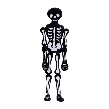 Full-length front view of a black Halloween skeleton pillow with contrasting white bone details sold by LFG Energy Club.