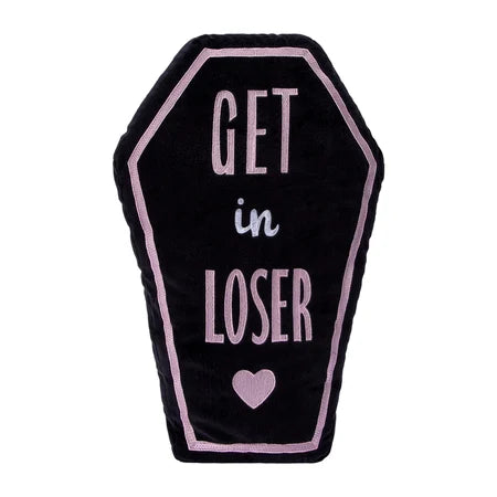 Front view of a black coffin-shaped Halloween pillow with a pink border, Get In Loser lettering and a heart sold by LFG Energy Club.