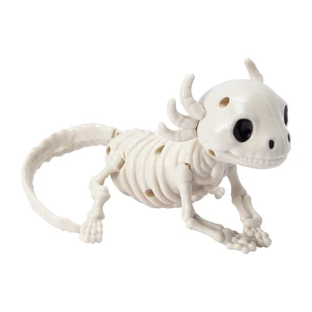Side view of the Halloween skeleton axolotl decoration showing its rib details, four legs and curved tail sold by LFG Energy Club.