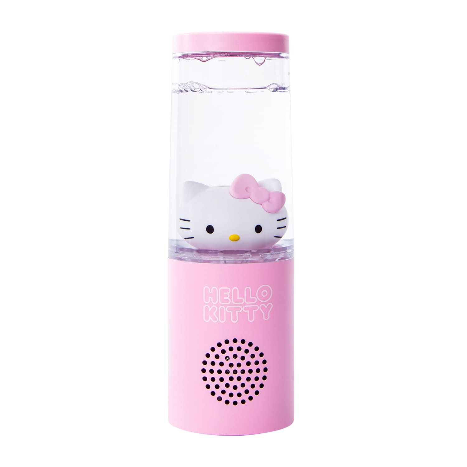 Pink Hello Kitty Bluetooth LED water speaker featuring floating character design, color changing LED lights, animated water beads, and compact desktop size.