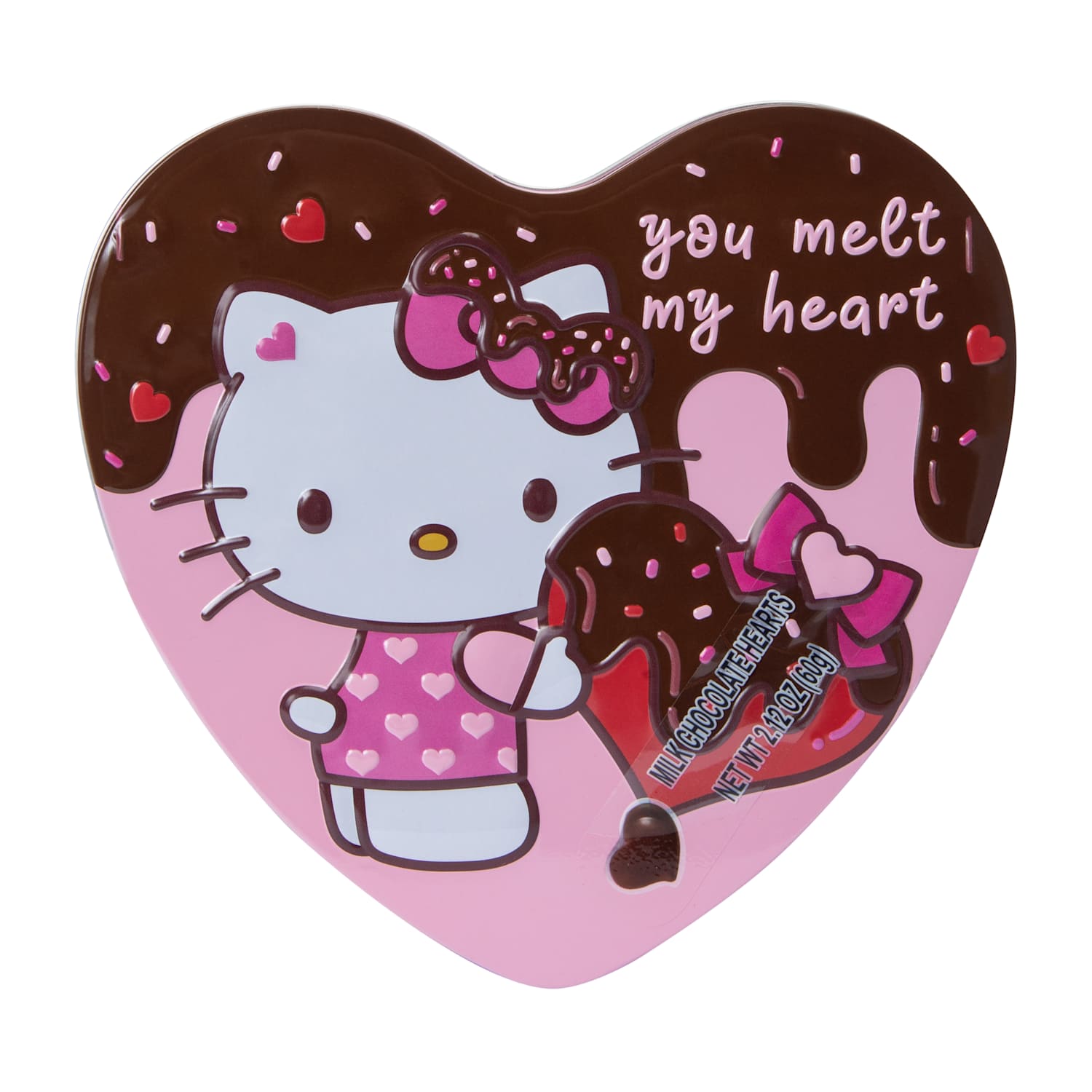Hello Kitty heart shaped chocolate tin with milk chocolate hearts and Valentine’s Day message “You Melt My Heart”