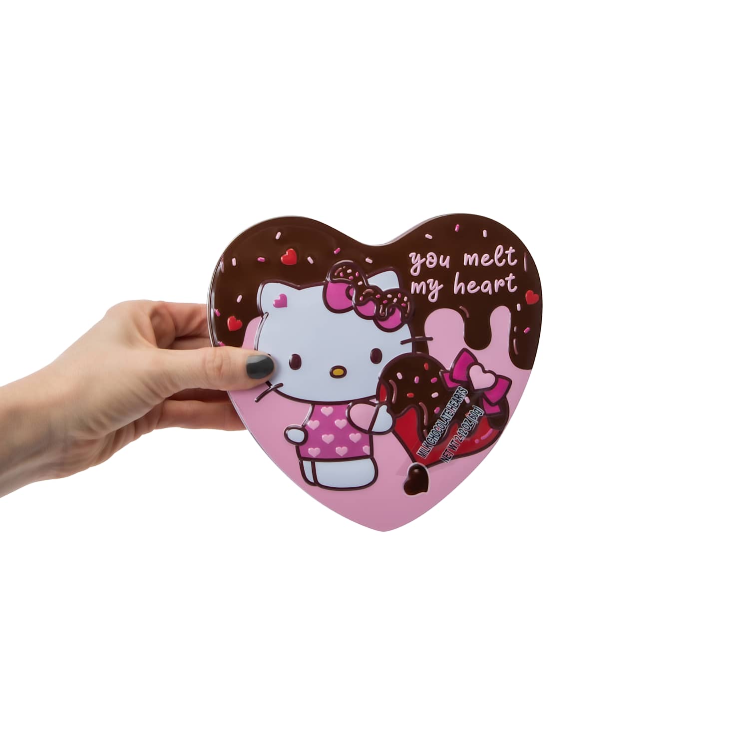 Hello Kitty heart shaped chocolate tin with milk chocolate hearts and Valentine’s Day message “You Melt My Heart”. Buy from LFG Energy Club