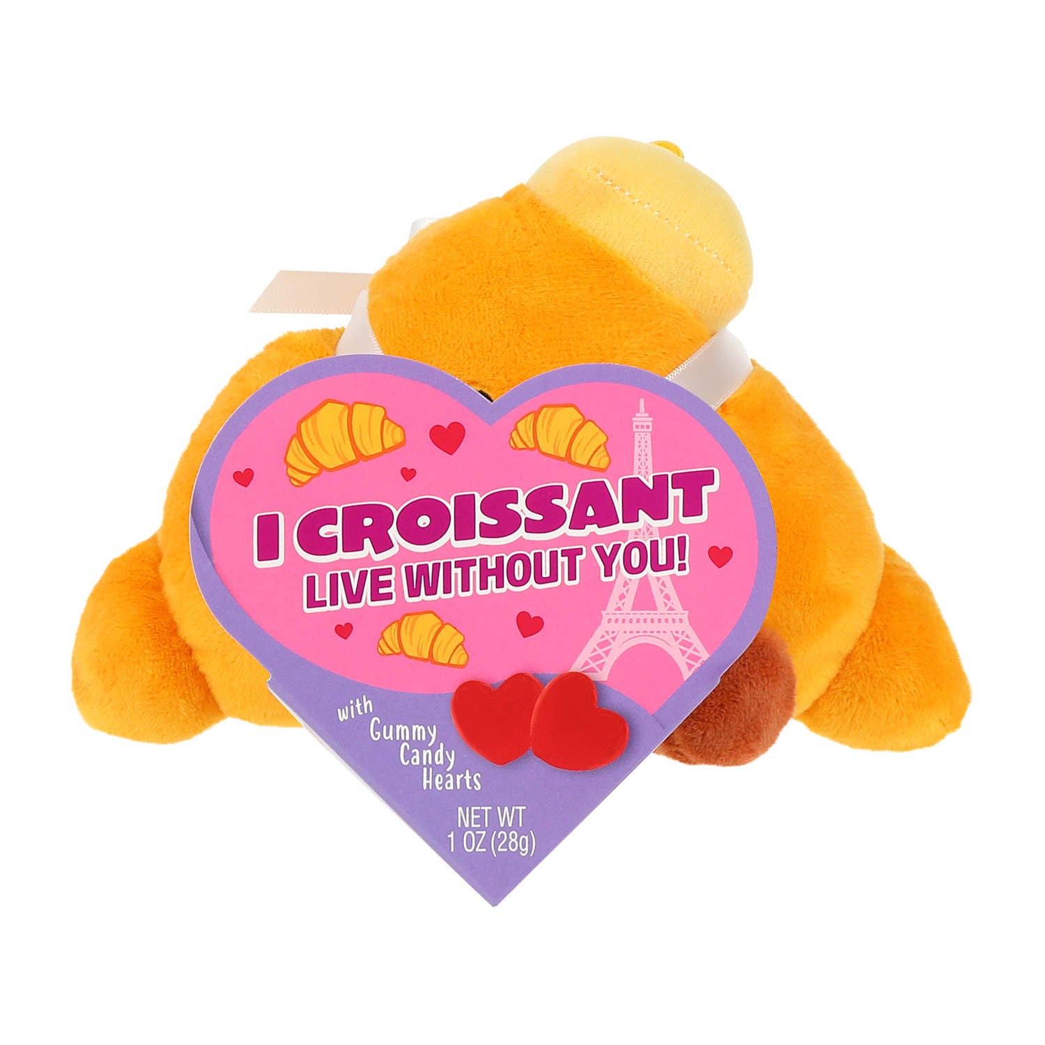 Cute croissant plush holding a Valentine heart tag that reads “I Croissant Live Without You,” includes gummy candy hearts, sold by LFG Energy Club