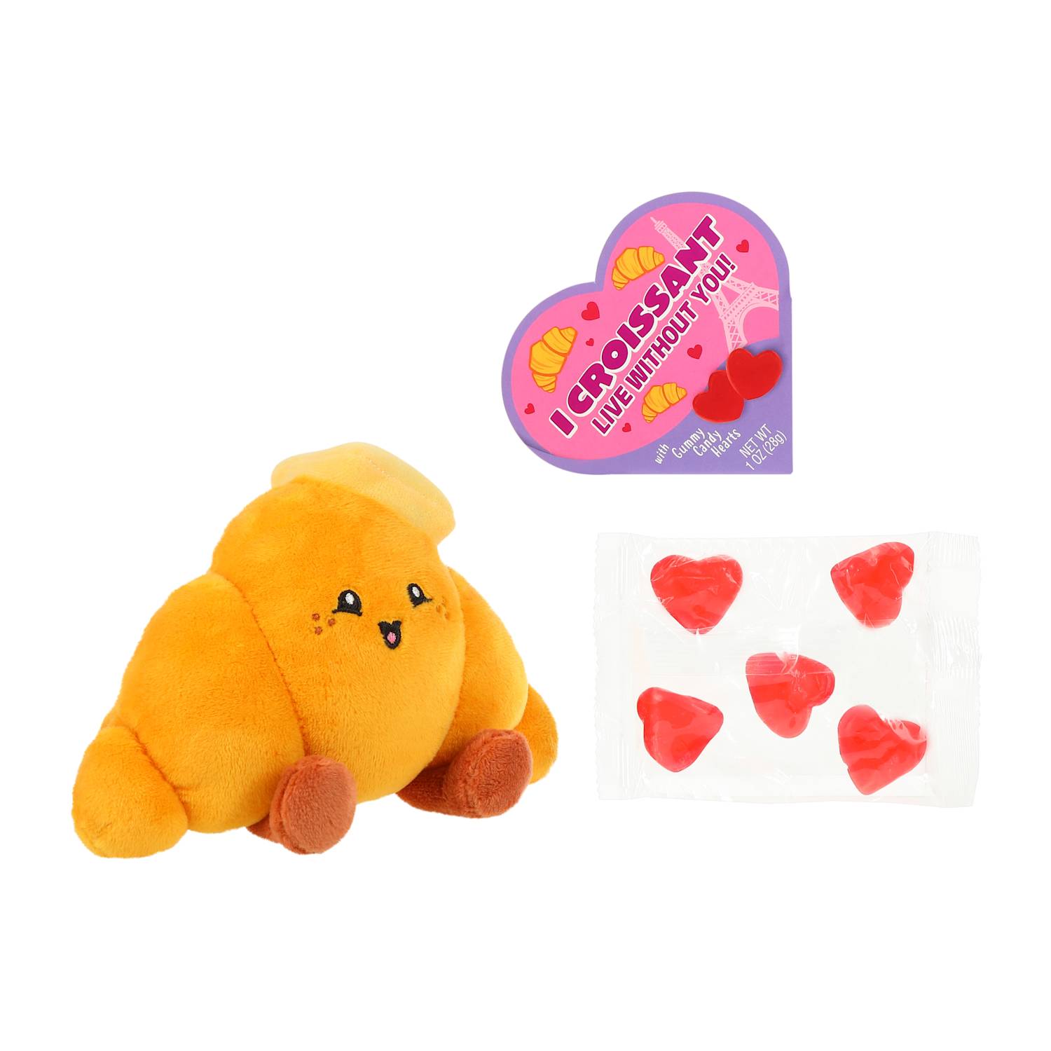 Cute croissant plush holding a Valentine heart tag that reads “I Croissant Live Without You,” includes gummy candy hearts, sold by LFG Energy Club