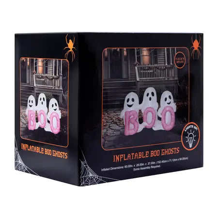 Product packaging for the light up Inflatable Boo Ghosts Halloween decoration featuring three ghosts and pink BOO lettering, available at LFG Energy Club.