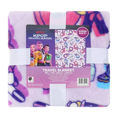 Netflix KPop Demon Hunters 40 x 50 in travel blanket folded in its retail packaging with the product label visible sold by LFG Energy Club