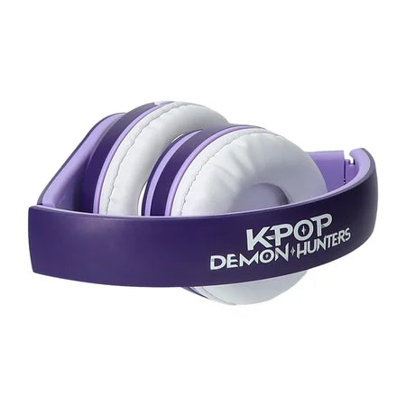 Folded side view of the purple KPop Demon Hunters wireless headphones showing the HUNTR/X logo across the headband sold by LFG Energy Club.