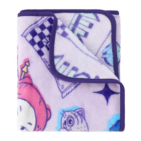 Folded Netflix KPop Demon Hunters plush travel blanket with a light-purple chibi character print and dark-purple trim sold by LFG Energy Club
