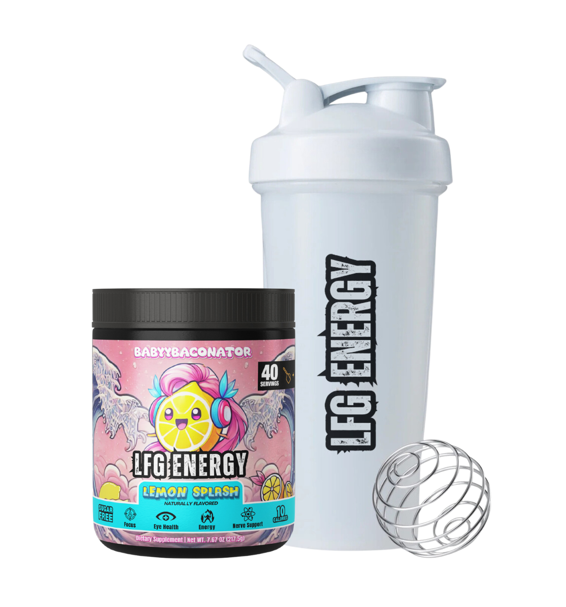LFG Energy Club's Babyybaconator Lemon Splash gaming energy drink with a lemonade flavor, featuring a vibrant anime-style lemon character. Paired with a premium shaker cup, this drink enhances focus, energy, eye health, and nerve support, perfect for gamers and fitness enthusiasts.