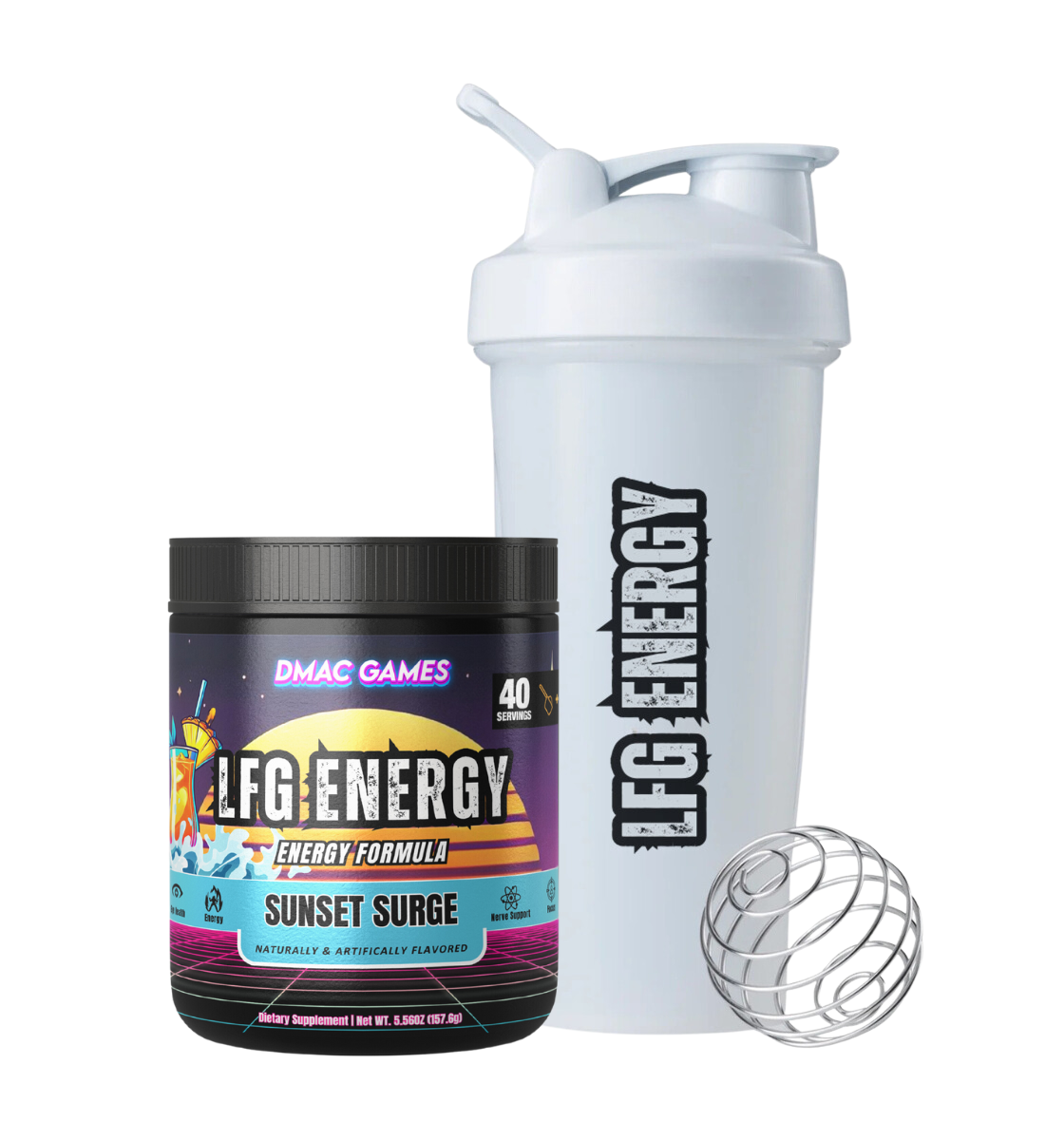 LFG Energy Club's DMAC GAMES Sunset Surge tropical punch energy drink, featuring a vibrant sunset design. Paired with a premium shaker cup, this formula supports focus, energy, hydration, and nerve health for gamers and fitness enthusiasts.