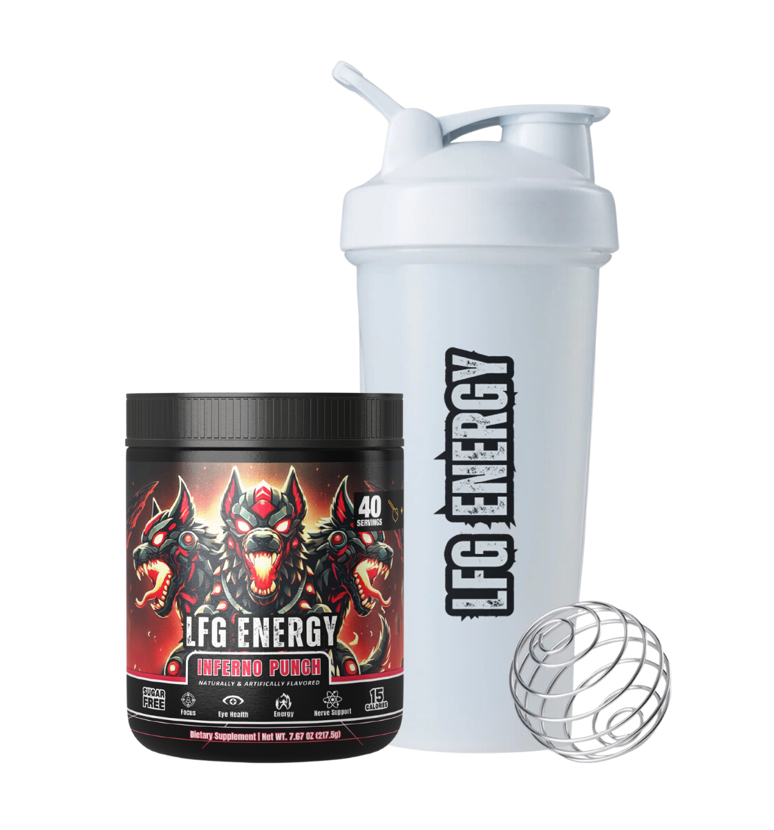 High-performance gaming energy drink by LFG Energy Club in Inferno Punch flavor, featuring a Cerberus-inspired design. Includes a premium shaker cup for gamers seeking focus, energy, and hydration. Perfect for gaming and fitness enthusiasts.