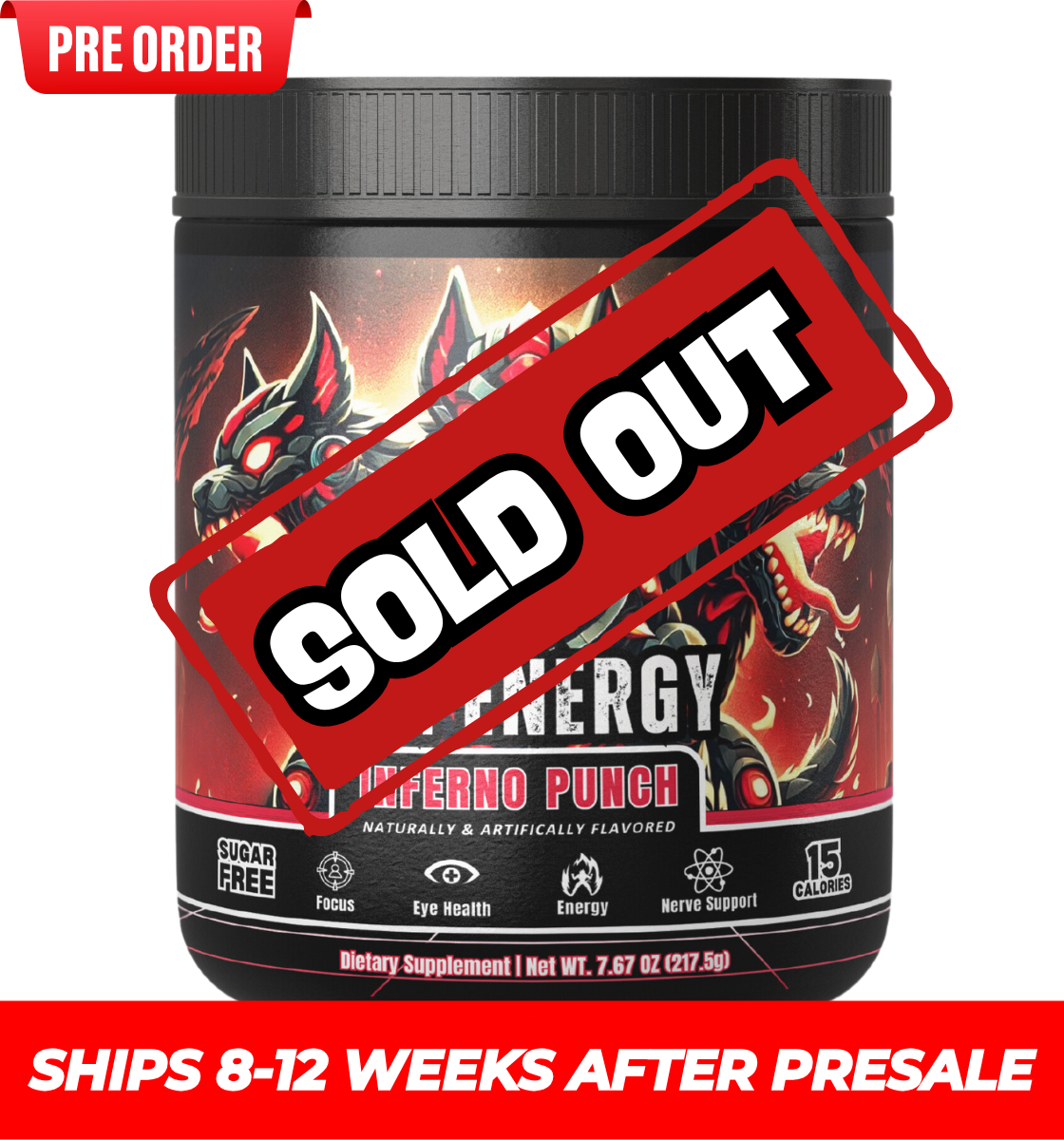 Triple-headed Cerberus-inspired LFG Energy Club Inferno Punch pre-workout supplement container featuring vibrant red and black colors with fiery accents, promoting focus, eye health, energy, and nerve support for gamers and fitness enthusiasts. Sugar-free, 5 calories, 40 servings per container, naturally and artificially flavored, intense branding for an energized workout.