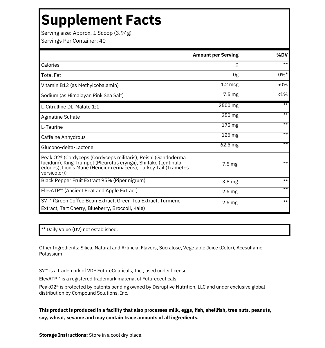 LFG Energy Club Sunset Surge Supplement Facts label showing detailed nutritional information, including 40 servings per container, key ingredients like L-Citrulline DL-Malate, Caffeine Anhydrous, PeakO2®, ElevATP®, and S7™ for energy, hydration, focus, and performance. Also highlights the inclusion of Vitamin B12, Himalayan Pink Sea Salt, and natural adaptogens for optimized gaming and fitness.
