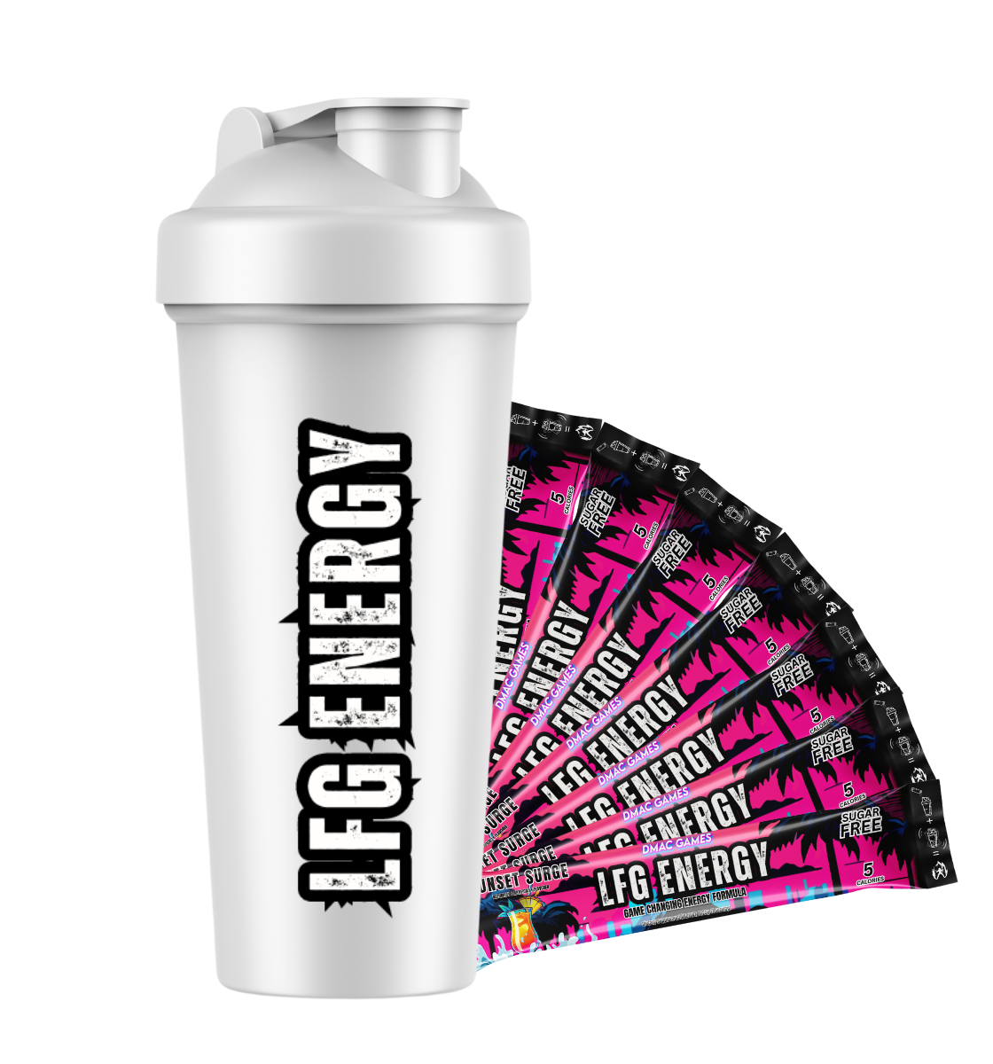 LFG Energy DMAC Games Sunset Surge Stick Pack Bundle with Shaker – Sugar-Free, 5 Calories, Game-Changing Energy Formula for Gamers and Athletes – Focus, Eye Health, Nerve Support – Convenient Single-Serving Packs with Shaker