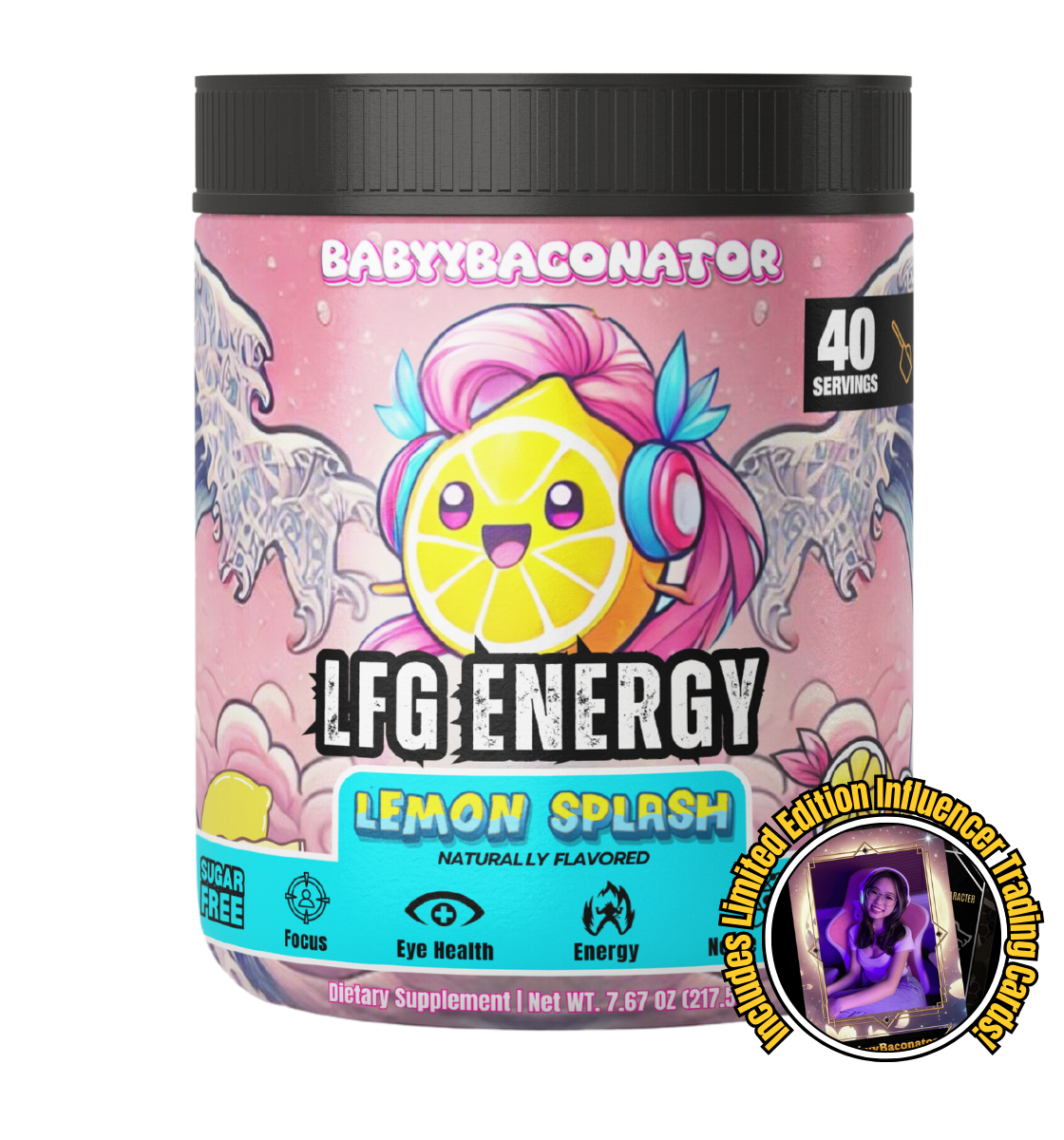 LFG Energy Lemon Splash Energy Formula by BABYYBACONATOR - 40 servings of sugar-free, naturally flavored energy mix with focus, eye health, energy, and nerve support. Perfect for gamers and active lifestyles.