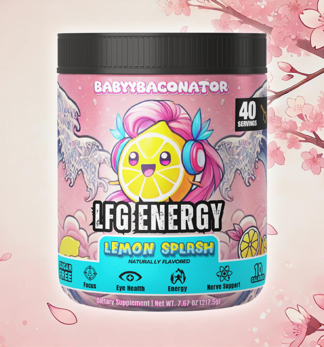 LFG Energy Lemon Splash Energy Formula by BABYYBACONATOR - 40 servings of sugar-free, naturally flavored energy mix with focus, eye health, energy, and nerve support. Perfect for gamers and active lifestyles.