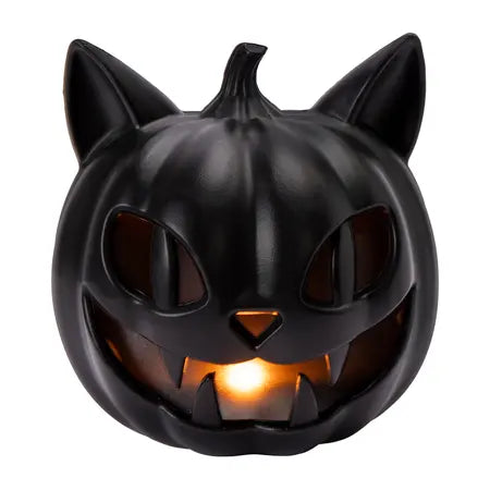 Black cat-style Halloween pumpkin decoration shown illuminated with a glowing light-up effect, available at LFG Energy Club.