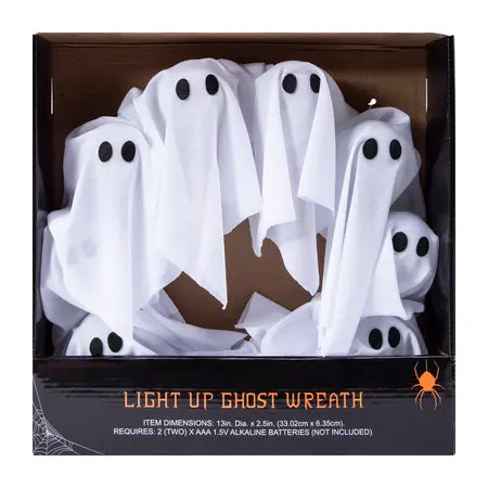 Product packaging for the 13-inch LED Light Up Ghost Wreath with white ghost decorations, available at LFG Energy Club.