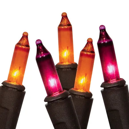 Close-up of illuminated orange and purple Halloween string-light bulbs with black sockets sold by LFG Energy Club.
