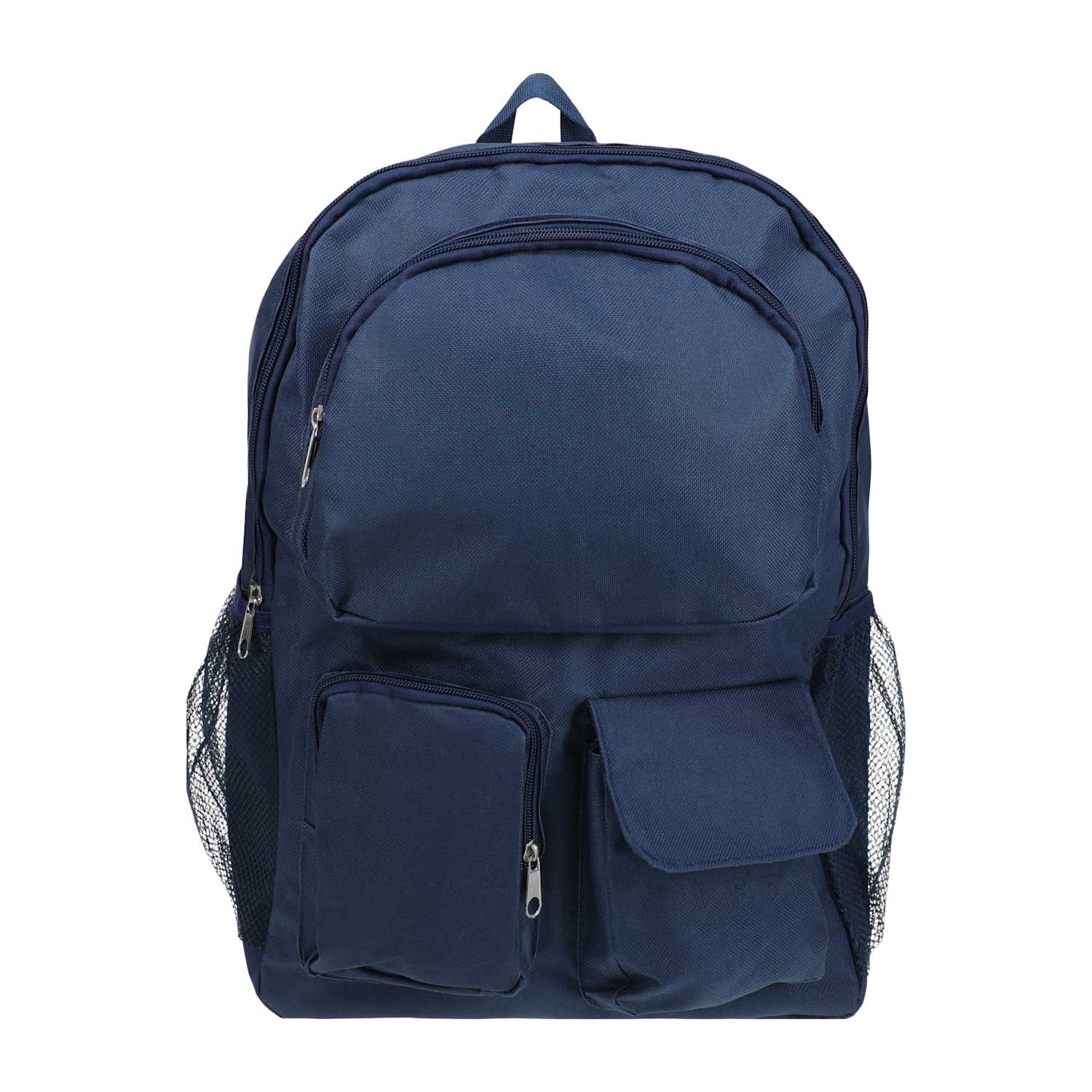 Front view of a navy blue multi-pocket school backpack with zipper storage and side mesh pockets from LFG Energy Club.