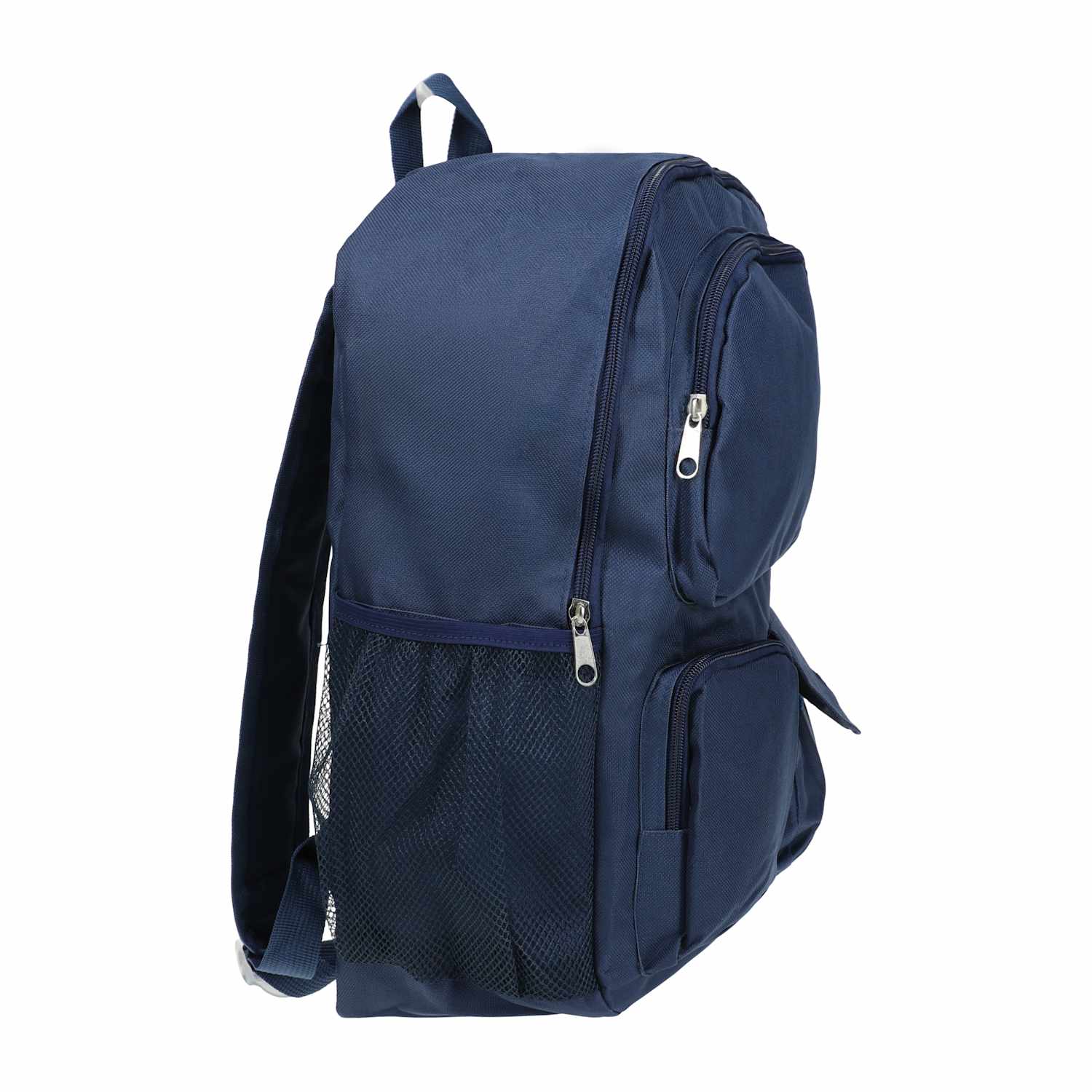 Angled side view of the navy multi-storage backpack with multiple compartments for school and daily use from LFG Energy Club.