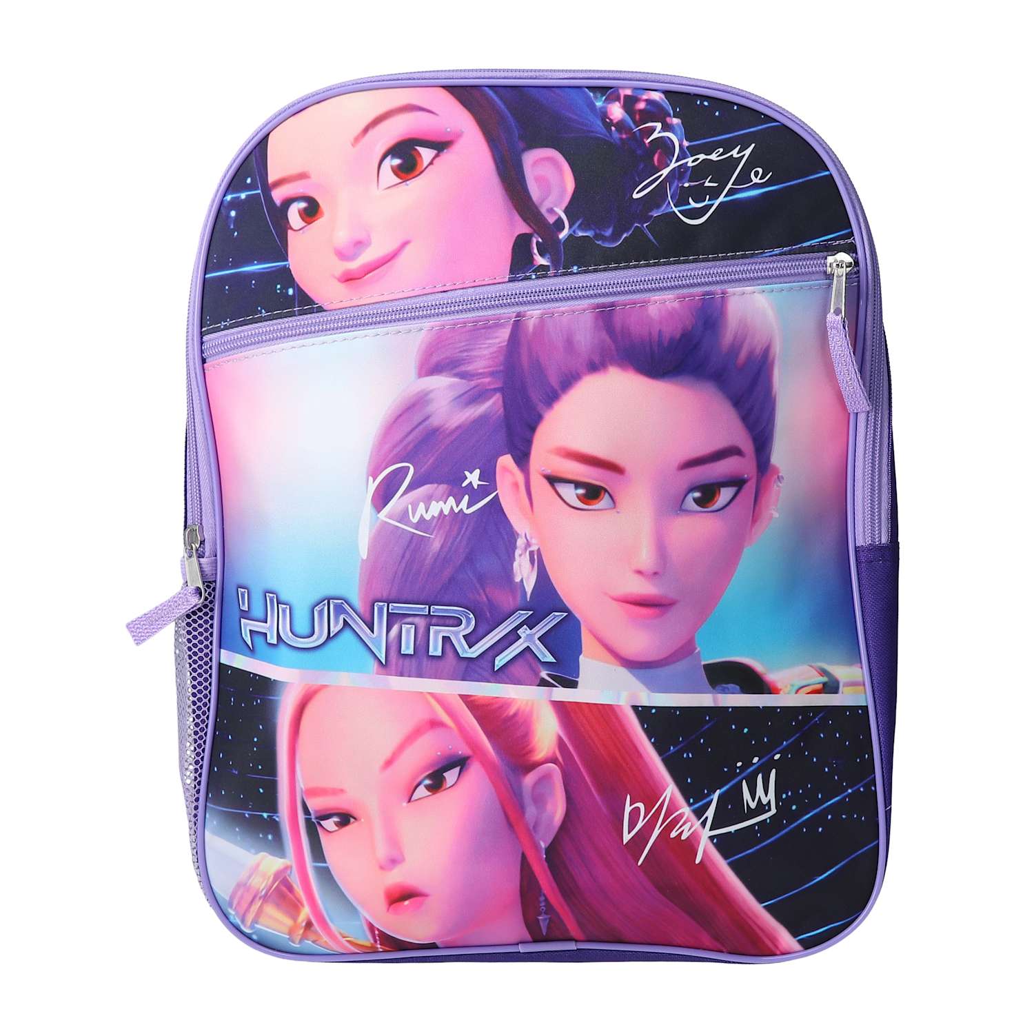 Front view of the purple Netflix K-Pop Demon Hunters HUNTR/X school backpack featuring character artwork, available from LFG Energy Club.