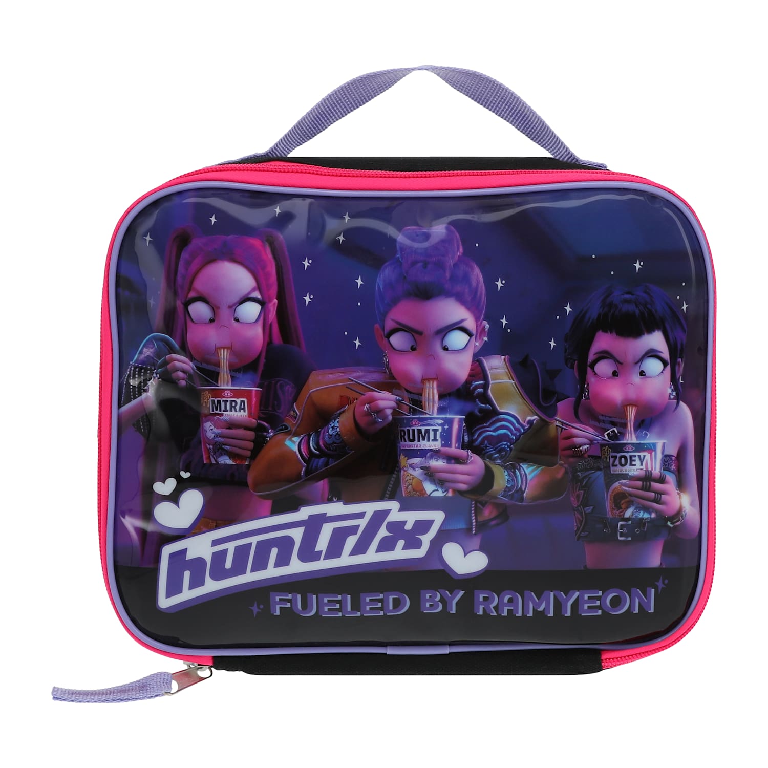 A rectangular lunch bag with a clear front window showing three cartoon characters drinking from cups, with pink trim and a purple handle. The front reads 'huntrix' and 'FUELED BY RAMYEON'. Front view of the Netflix K-Pop Demon Hunters HUNTR/X lunch bag with colorful character artwork and Fueled by Ramyeon design from LFG Energy Club.