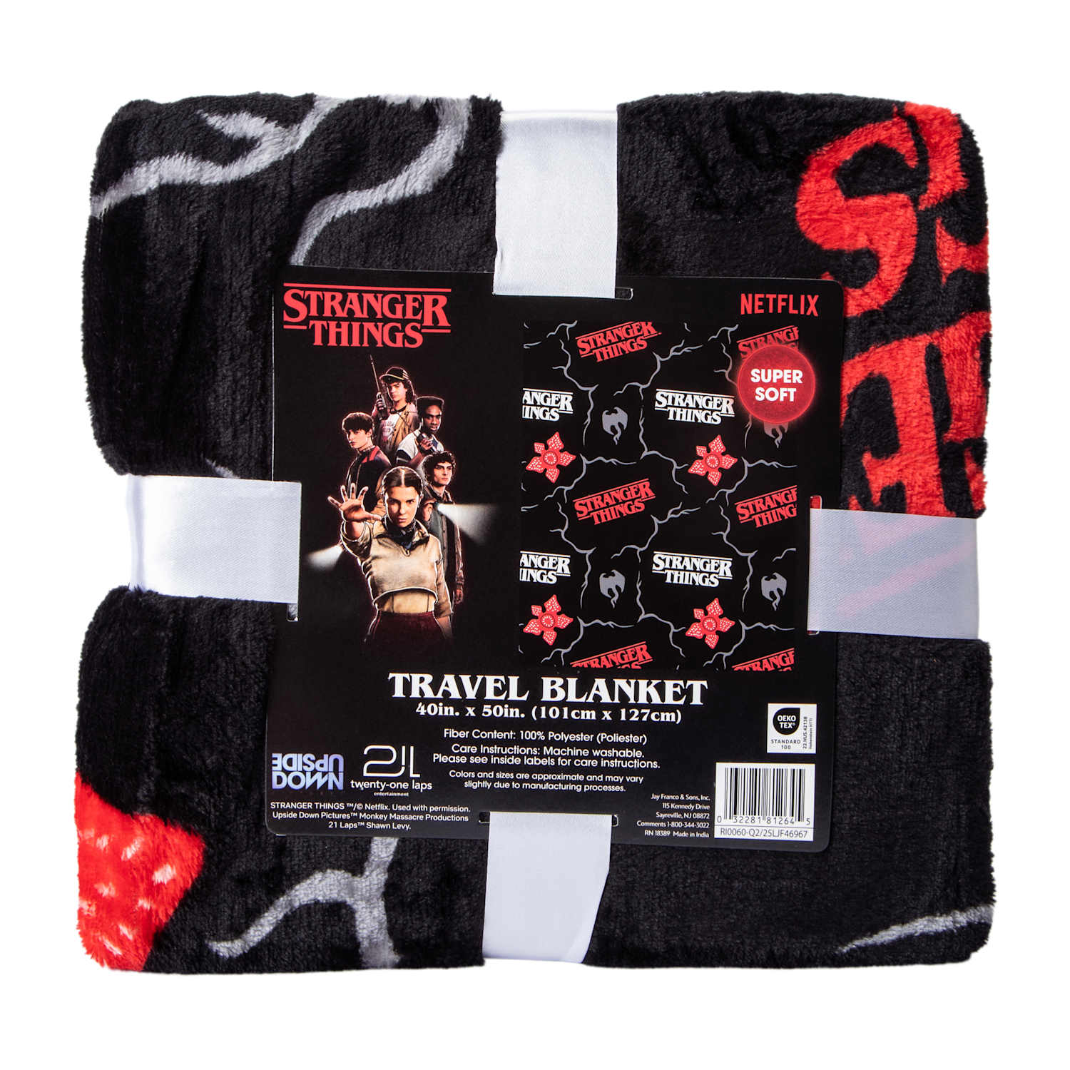 Official Netflix Stranger Things travel blanket featuring bold series artwork, soft fleece fabric, and compact 40x50 inch size, perfect for fans, gaming rooms, and cozy travel.