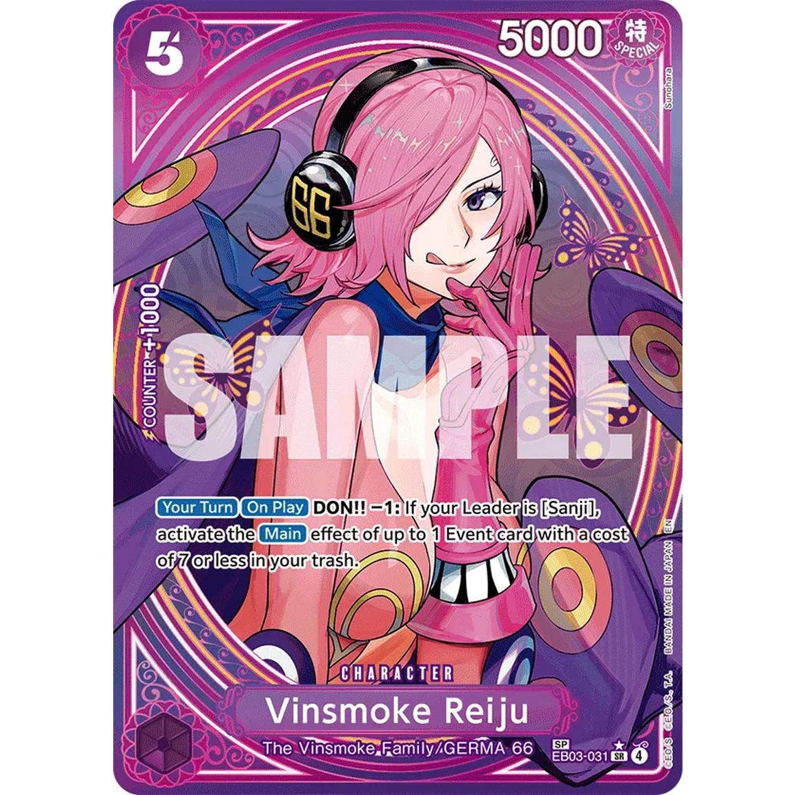 A collectible trading card featuring an anime-style illustration of Vinsmoke Reiju with pink hair, headphones, and a purple patterned background. The card includes game text, a '5' in the top left, '5000' in the top right, and a large translucent 'SAMPLE' watermark across the center. Sold by LFG Energy Club